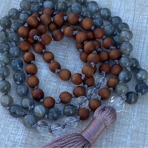 Handmade Mala Bead Necklace Labradorite Sandalwood Clear quartz Gemstone Tassel